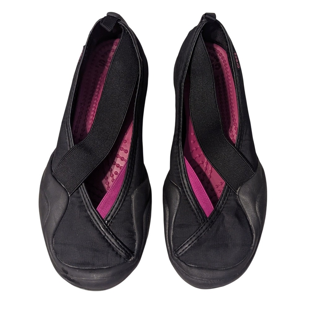 Crocs Molly Womens 9 Black Pink Elastic Strap Ballet Flats Sporty Slip On Shoes - Picture 5 of 7